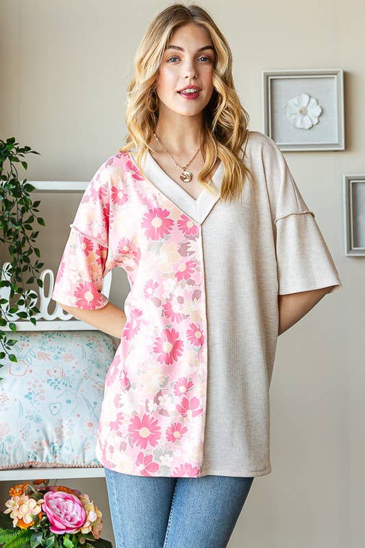 ET7547-12 SOLID AND FLORAL TOP: PEACH / 2-2-2 (1X-2X-3X)