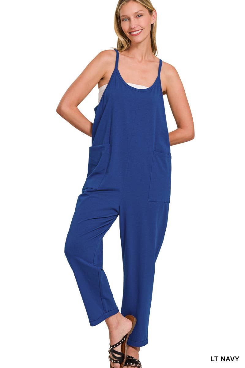 `.Spaghetti Strap Pocketed Jumpsuit: DK OLIVE-171541 / S/M