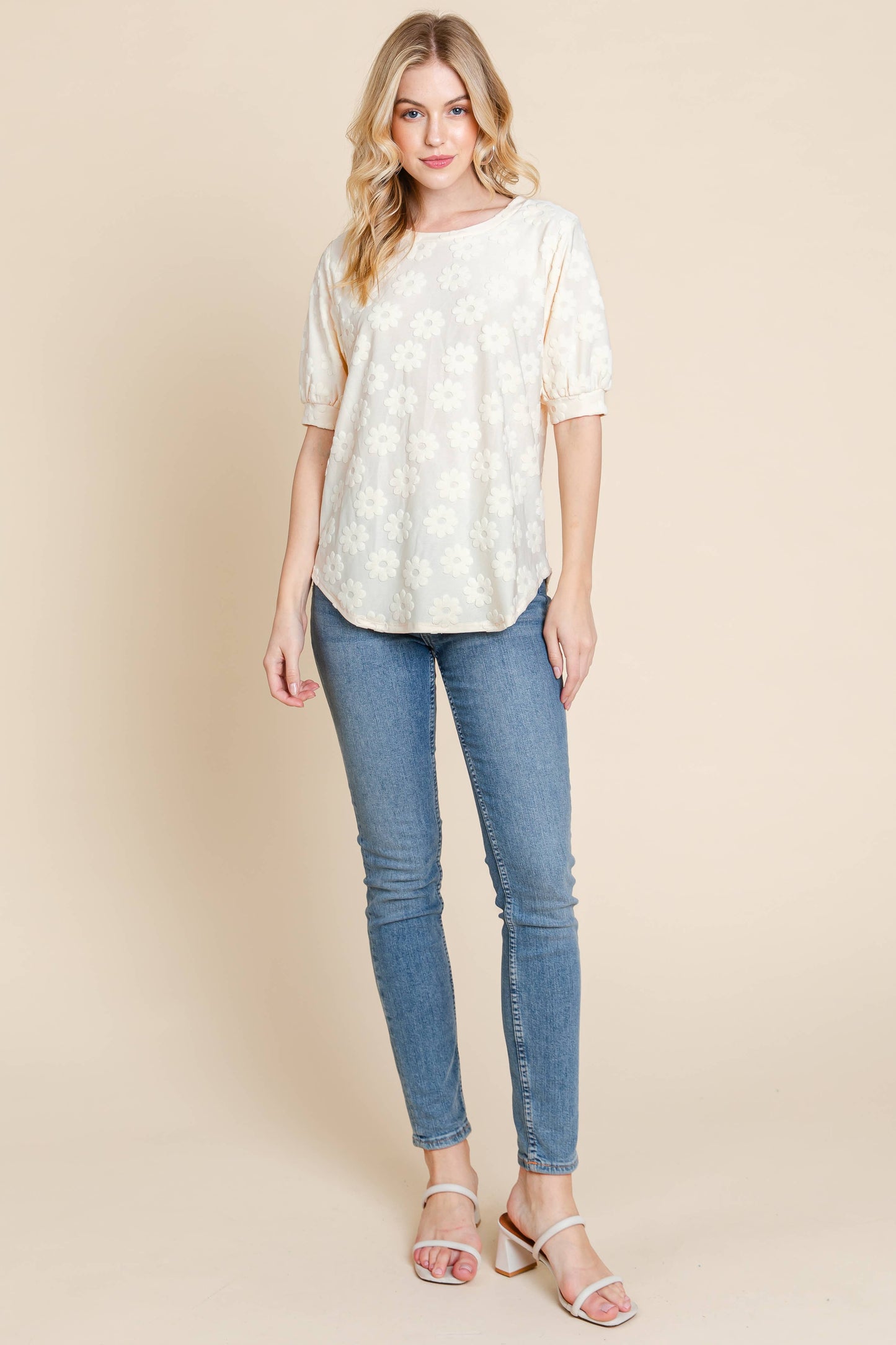 TA2174 Daisy Embroidered Puff Sleeve Top: Cream / Solid / L