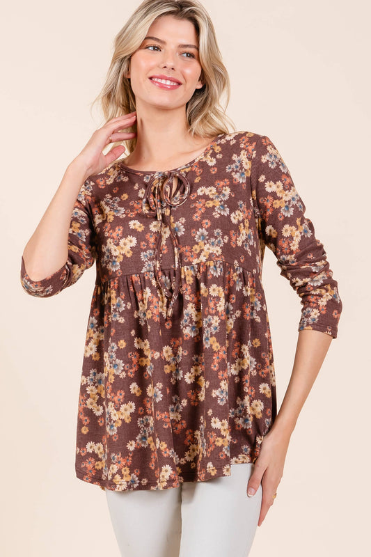 TL1971 BOHO LONG SLEEVE THERMAL TUNIC: Chocolate / Floral / XL