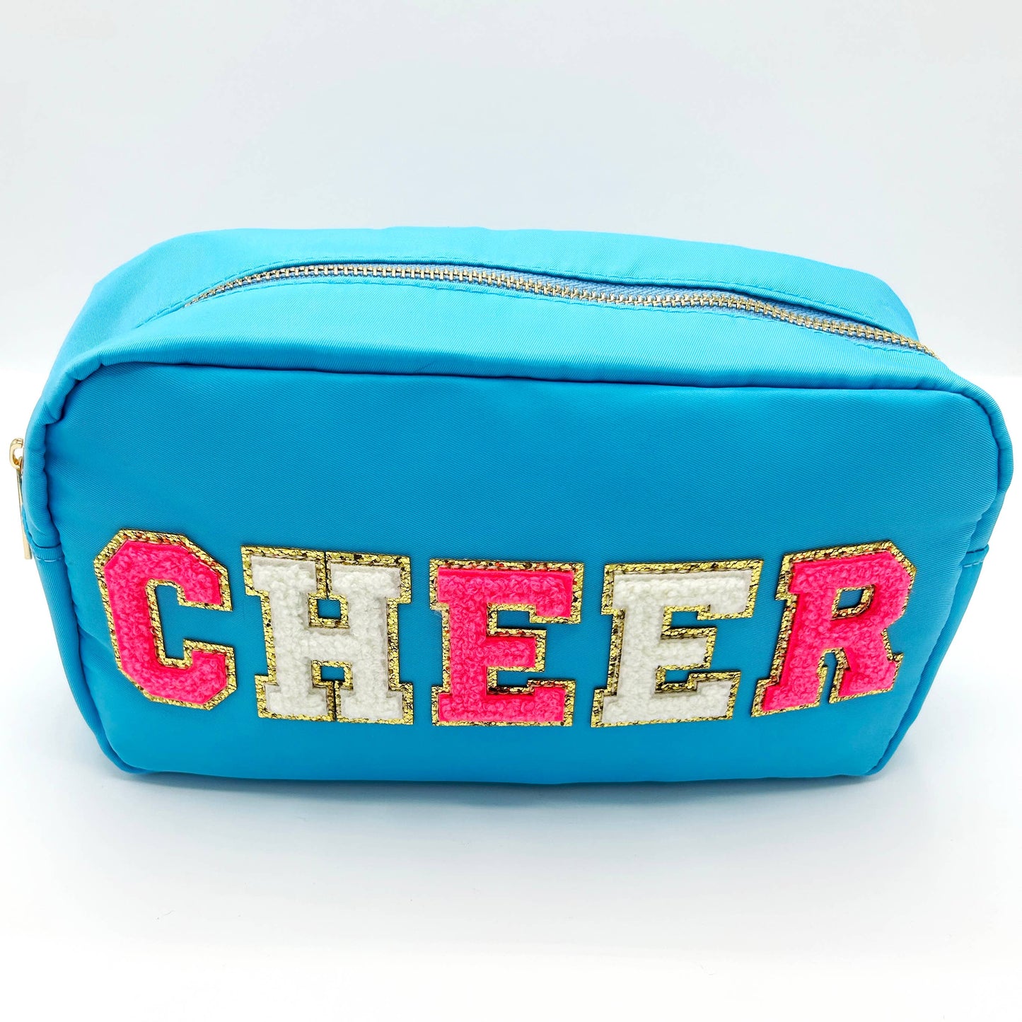 Cosmetic or Toiletry Bag with Varsity Letter Patches: Light Blue with SKIN