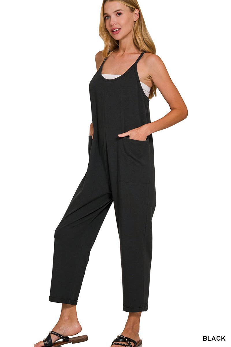 `.Spaghetti Strap Pocketed Jumpsuit: BROWN-181983 / S/M