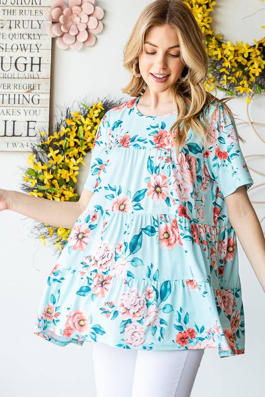 ET7279-10  FLORAL TIERED TOP: MINT / 2-2-2 (1X-2X-3X)