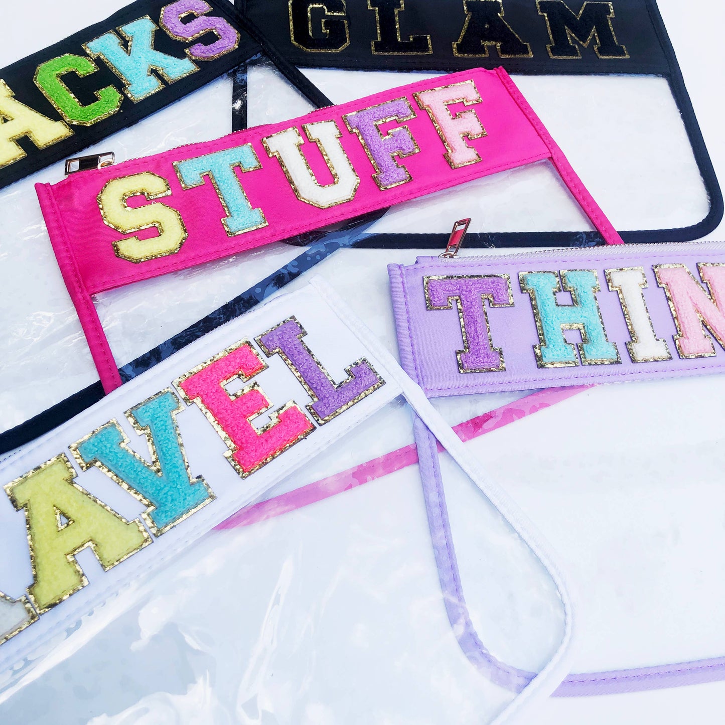 Varsity Letter Patch Clear Zippered Pouch Bag: Pink with STUFF