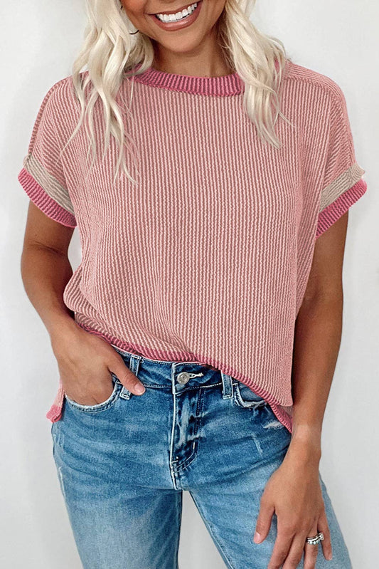 Textured Contrast Trim Round Neck T Shirt: Light Pink / 75%Polyester+20%Viscose+5%Elastane / S