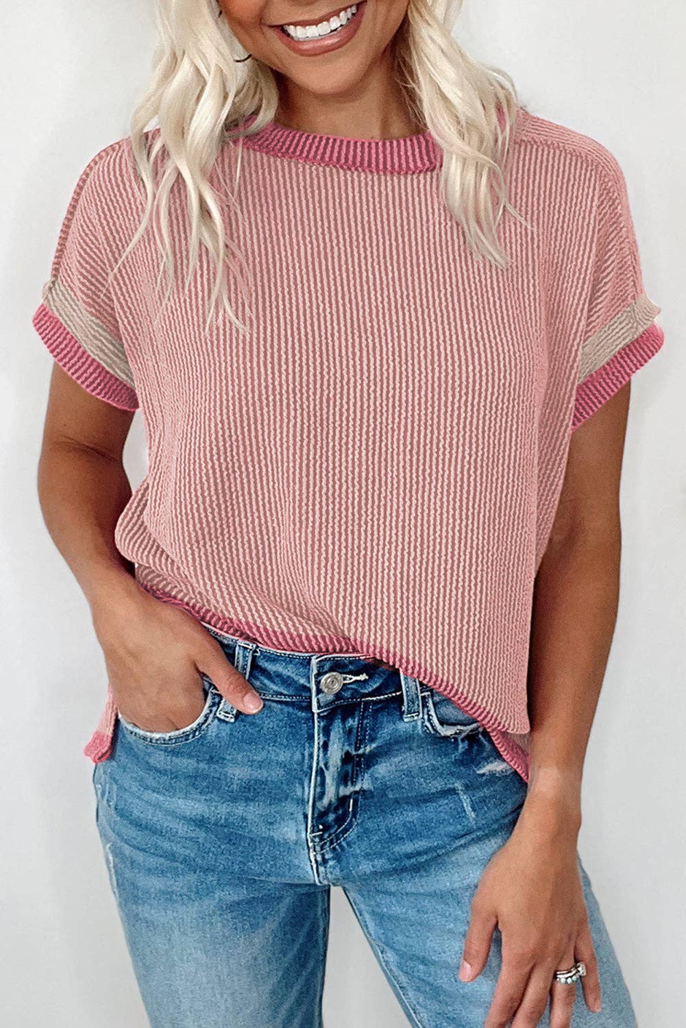 Textured Contrast Trim Round Neck T Shirt: Sky Blue / 75%Polyester+20%Viscose+5%Elastane / L
