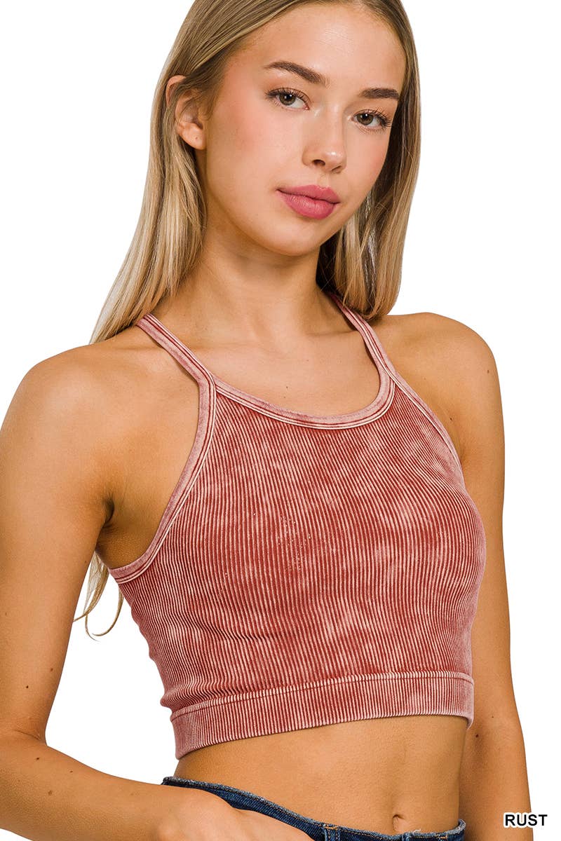 ",,,,,.Premium Washed Seamless Halter Racerback Crop Tank: HOT PINK-180307 / S/M