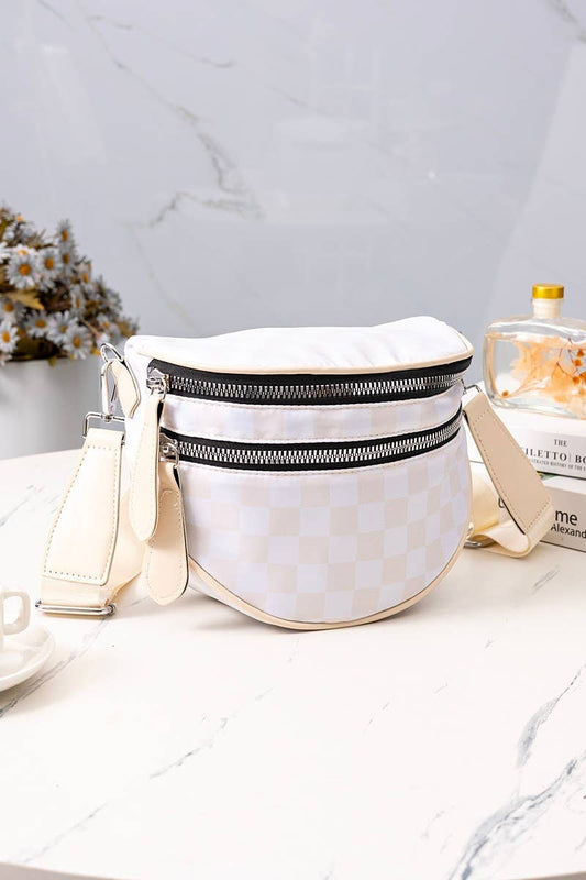 Double Zip Crescent Sling Bum Bag: BEIGE CHECKERED / 1 (ONE SIZE)