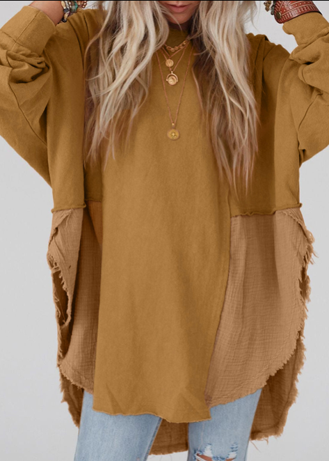 Crinkle Splicing Raw Hem High Low Oversized Blouse: Orange / 80%Polyester+20%Cotton / S