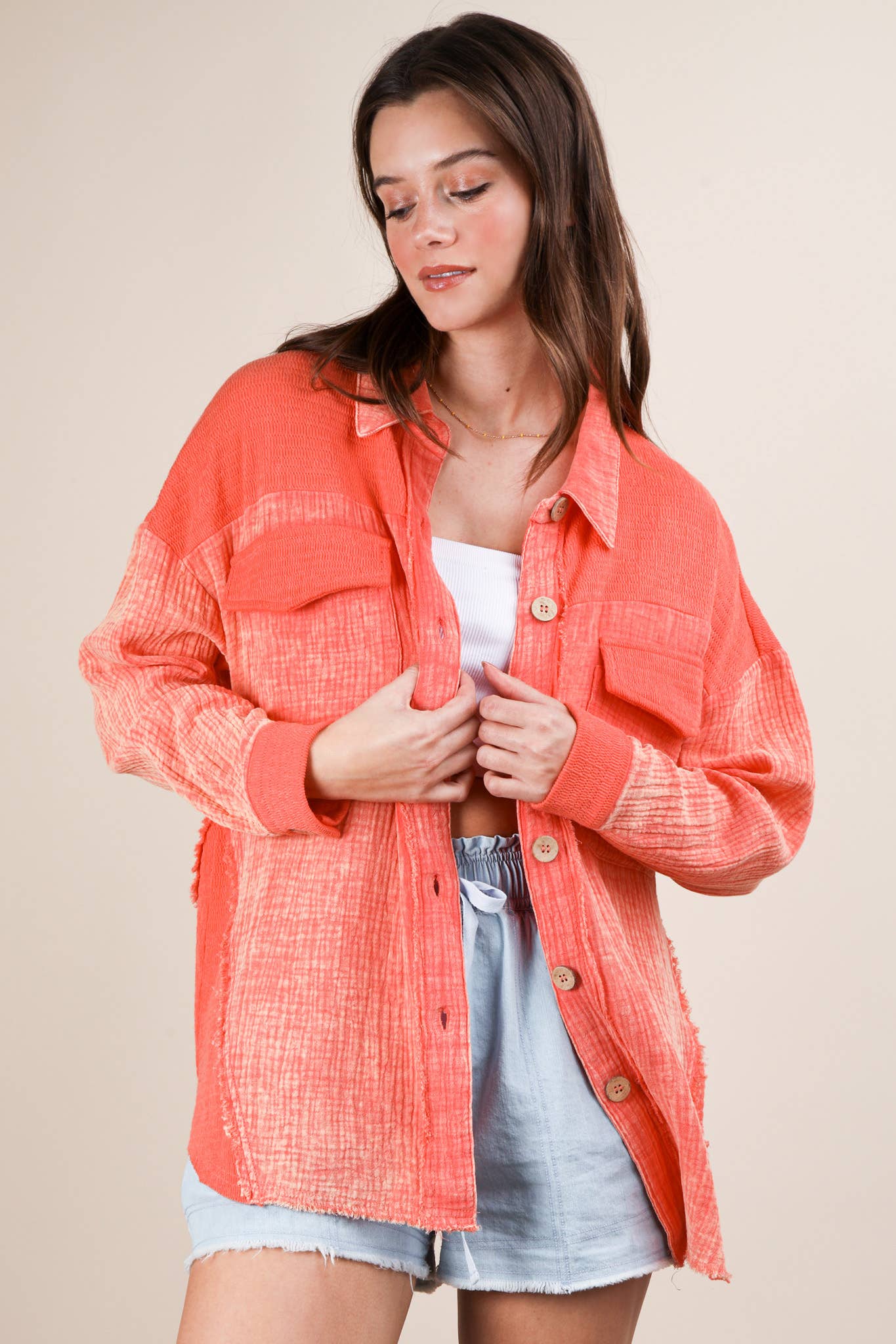 NJ90360-Mineral Washed Oversized Gauze Shacket Jacket: DENIM / S-M-L/2-2-2