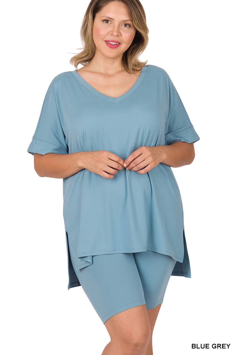 SI-19985 Plus size Hi Low Hem Top & Biker Shorts 2pc Set: +ASHGREY-139919 / 3X