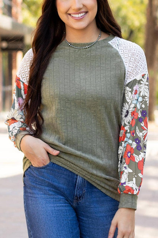Floral Patchwork Ribbed Blouse with Long Sleeves in Laurel: Laurel Green / 97%Polyester+3%Elastane / XL