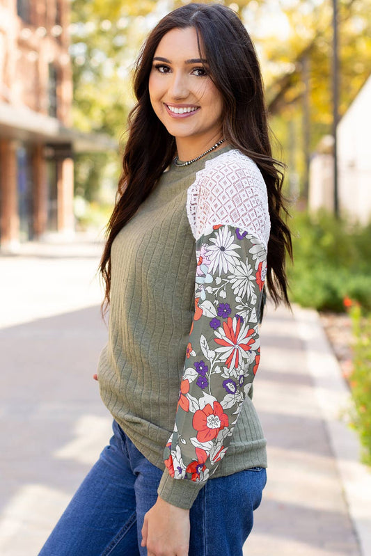 Floral Patchwork Ribbed Blouse with Long Sleeves in Laurel: Laurel Green / 97%Polyester+3%Elastane / XL