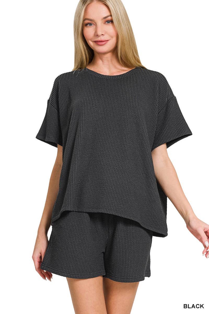 `.Corded Rib Short Sleeve Tee & Short Pants 2PC Set: DUSTY BLUE-183672 / L