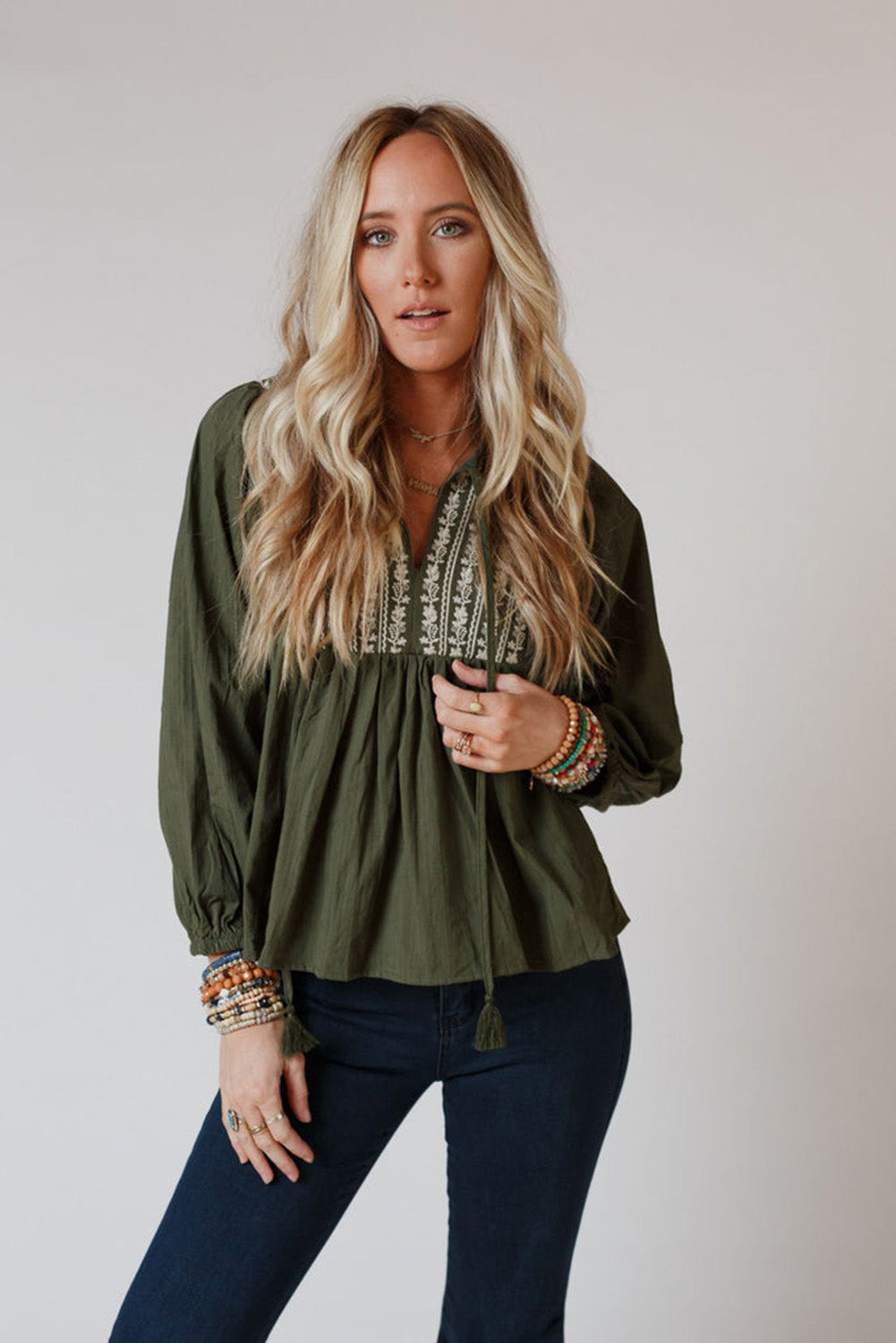 Wholesale Green Embroidered Split Neck Pleated Loose Blouse