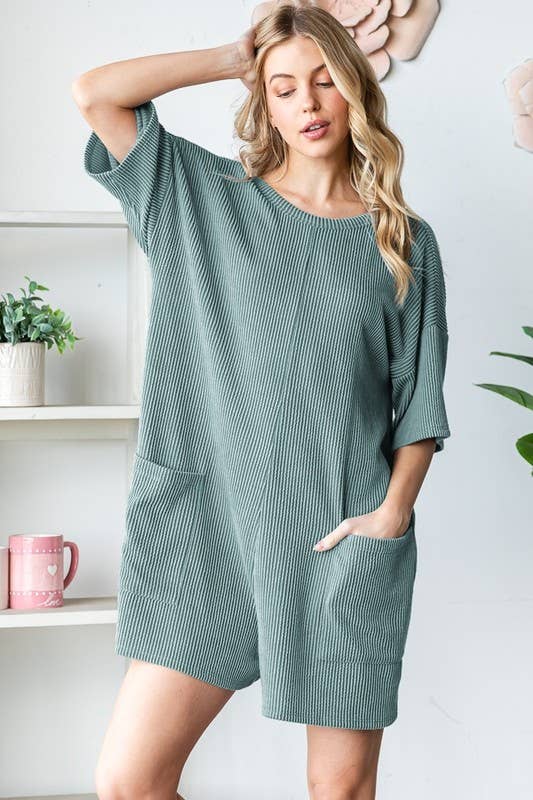 EP6832-10 SHORT SLEEVE SOLID URBAN RIBBED ROMPER: DENIM VINTAGE / 2-2-2 (S-M-L)