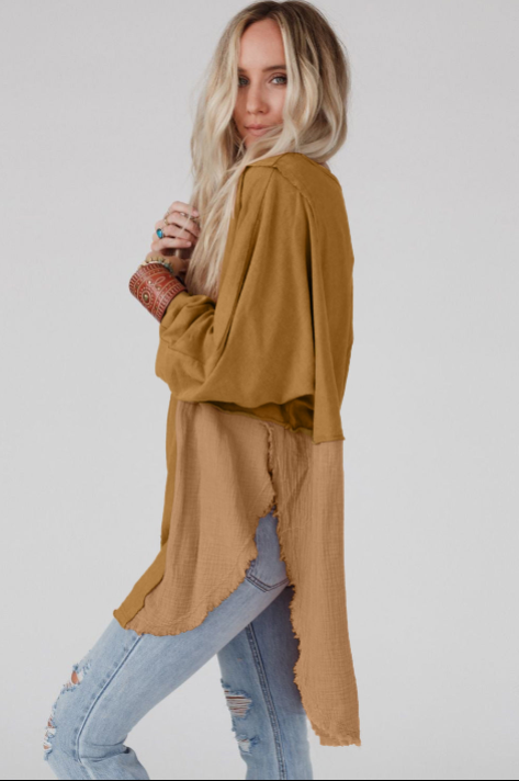 Crinkle Splicing Raw Hem High Low Oversized Blouse: Orange / 80%Polyester+20%Cotton / S