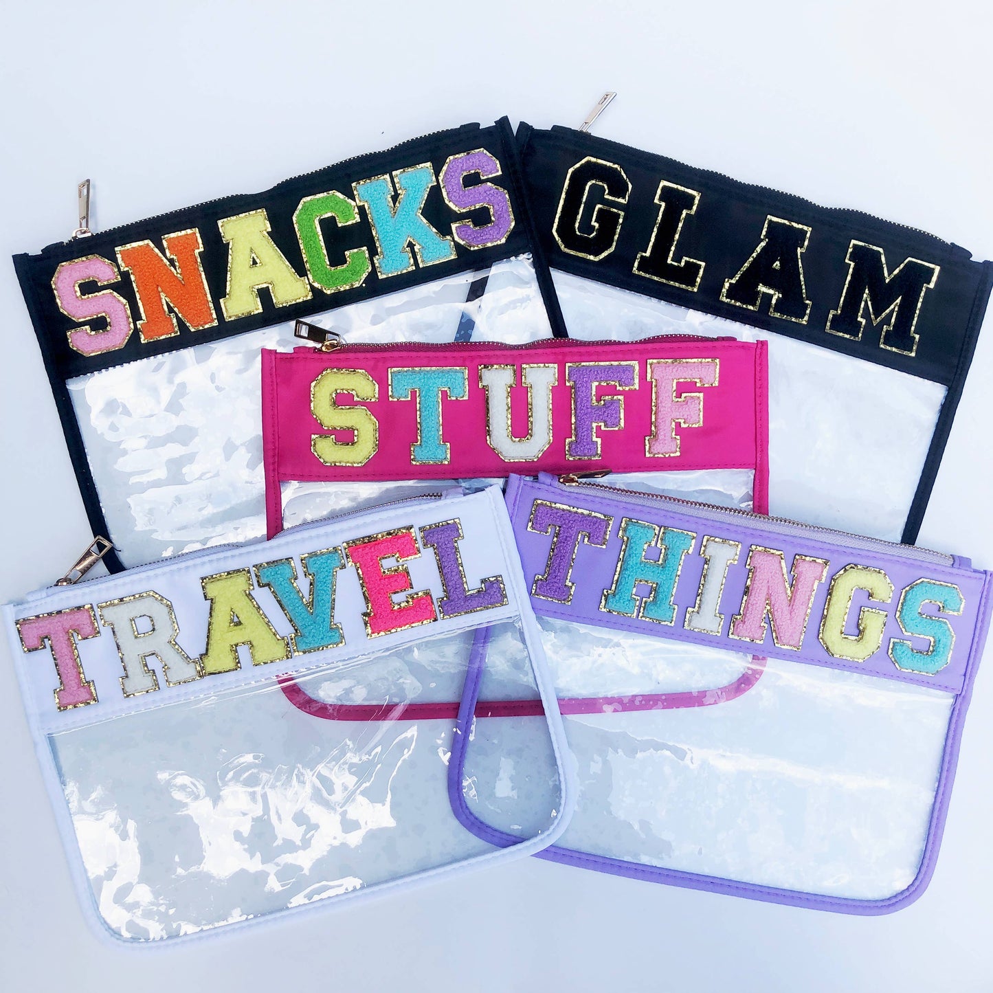 Varsity Letter Patch Clear Zippered Pouch Bag: White with TRAVEL
