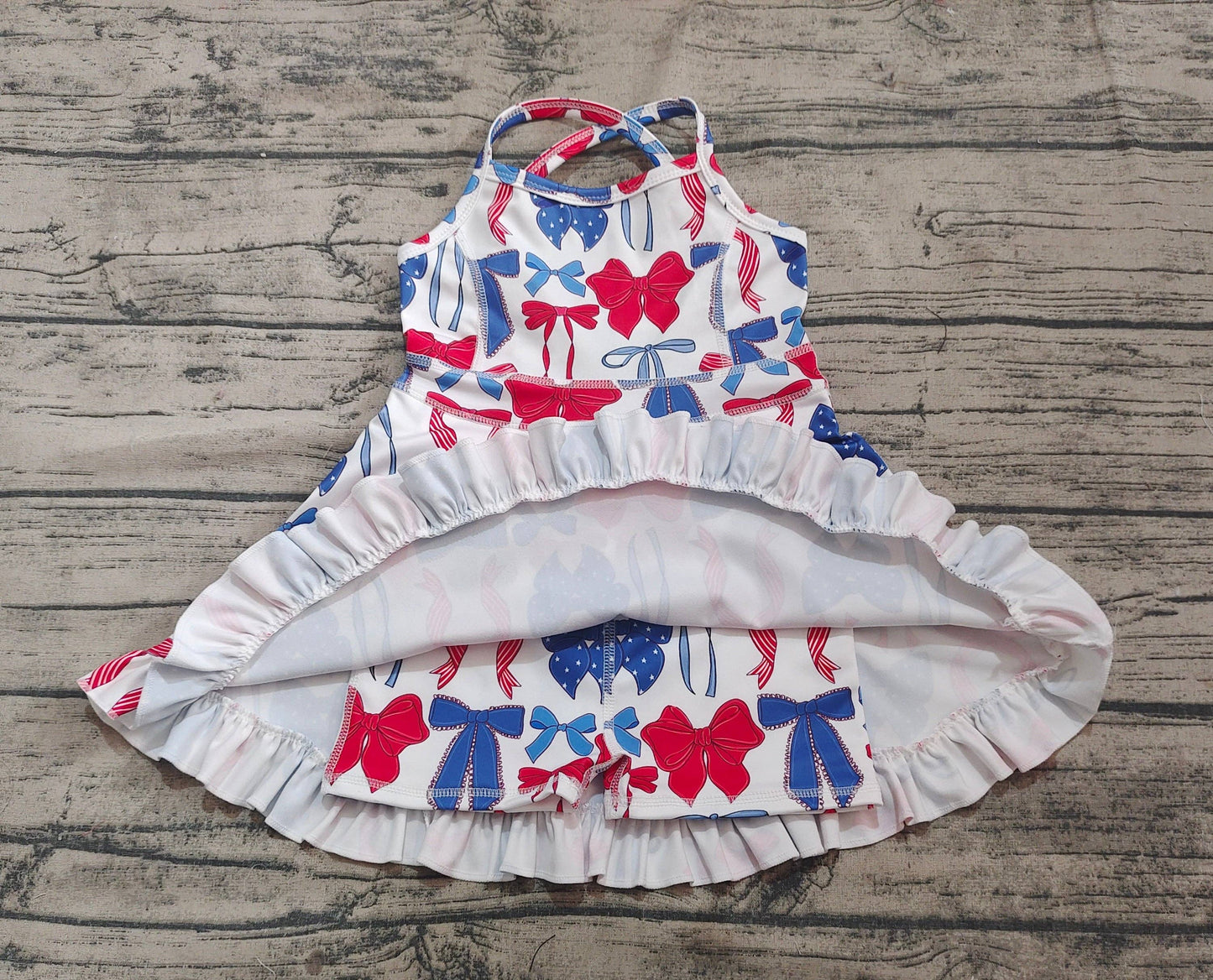 Baby Girls Strap Blue Red Bows 4th Of July Yoga Active Knee Length Dresses: 4T