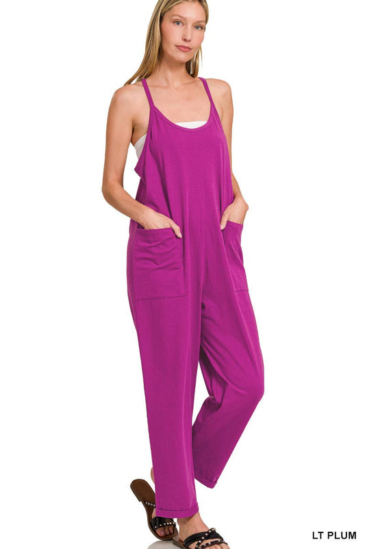 `.Spaghetti Strap Pocketed Jumpsuit: DK OLIVE-171541 / L/XL