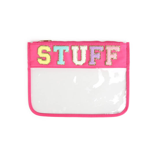 Varsity Letter Patch Clear Zippered Pouch Bag: Pink with STUFF