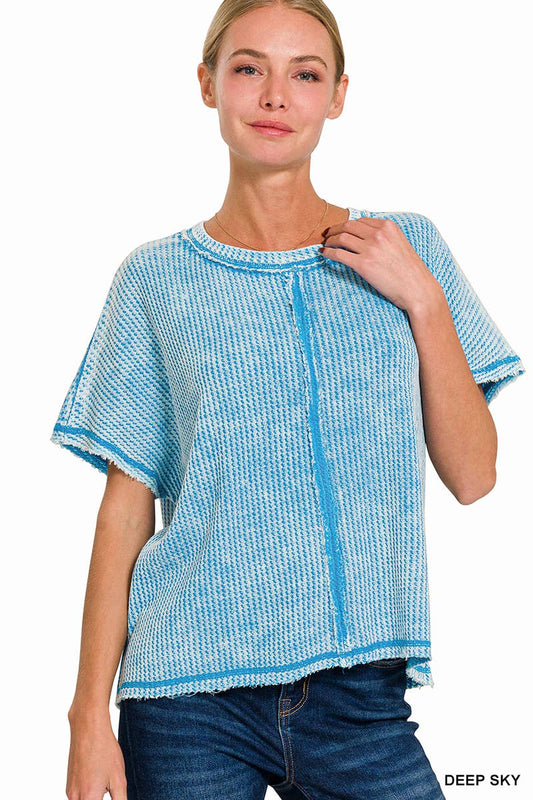 `.Washed Baby Waffle Top w/ back patch: DEEP SKY-162396 / L/XL