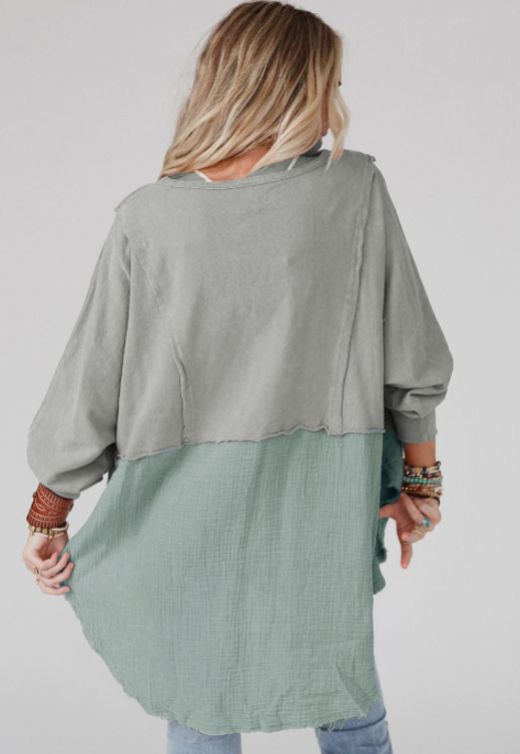 Crinkle Splicing Raw Hem High Low Oversized Blouse: Orange / 80%Polyester+20%Cotton / M