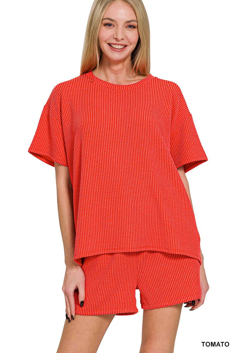 `.Corded Rib Short Sleeve Tee & Short Pants 2PC Set: DUSTY BLUE-183672 / S