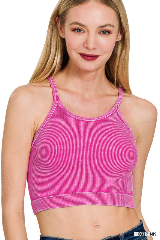 ",,,,,.Premium Washed Seamless Halter Racerback Crop Tank: HOT PINK-180307 / S/M