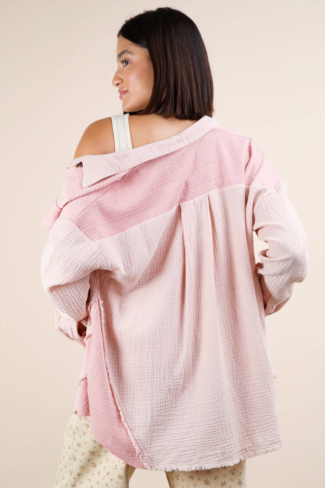 NJ90360-Mineral Washed Oversized Gauze Shacket Jacket: TAUPE / S-M-L/2-2-2