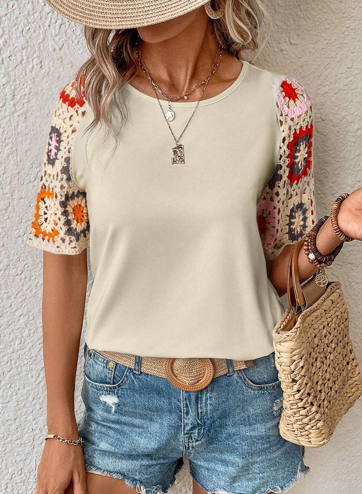 Casual Round Neck Half Sleeve Top Floral Crochet T Shirt: White / 95%Polyester+5%Elastane / M