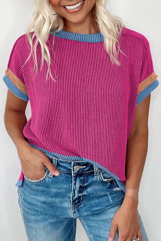 Textured Contrast Trim Round Neck T Shirt: Bright Pink / 75%Polyester+20%Viscose+5%Elastane / XL