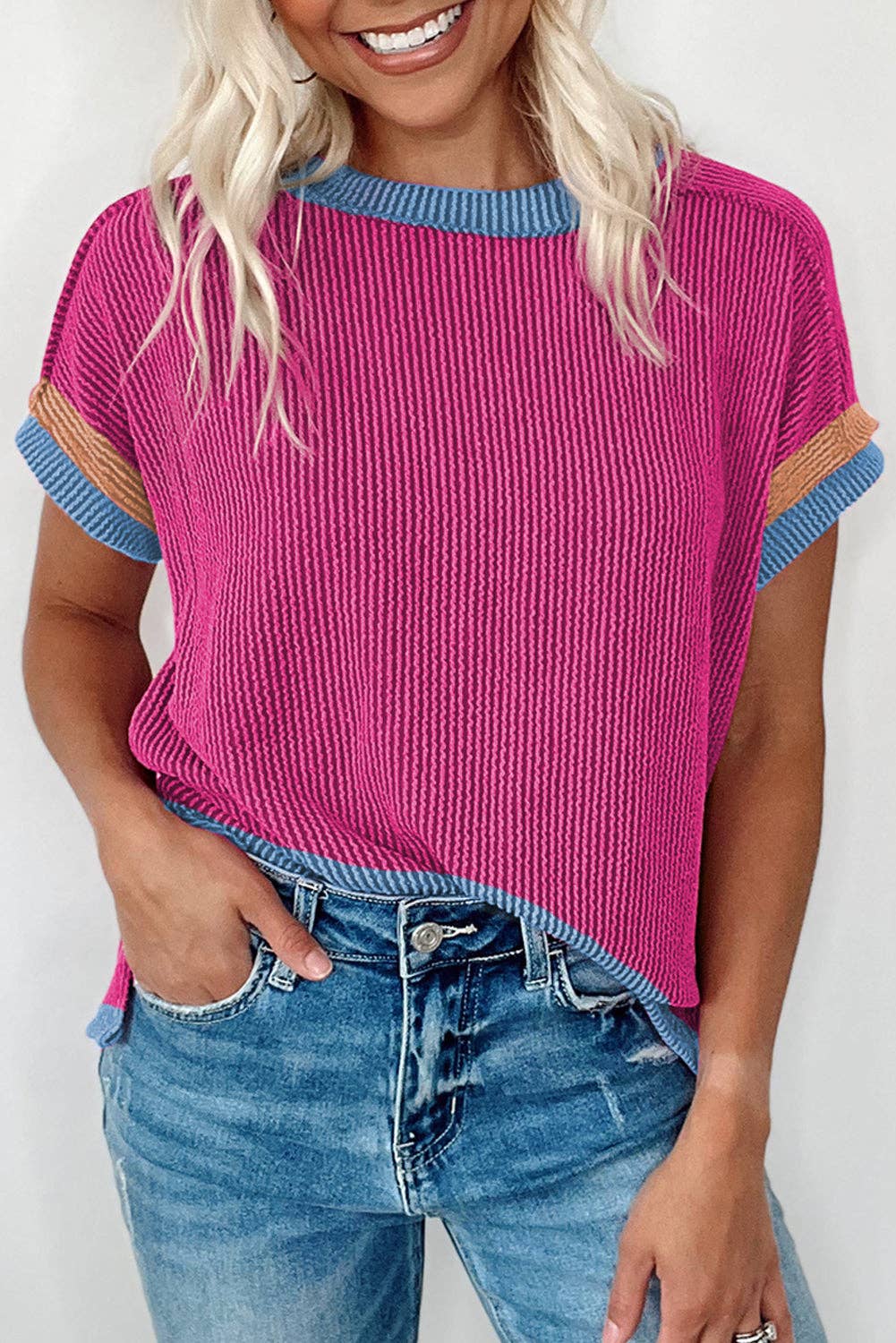 Textured Contrast Trim Round Neck T Shirt: Sky Blue / 75%Polyester+20%Viscose+5%Elastane / S