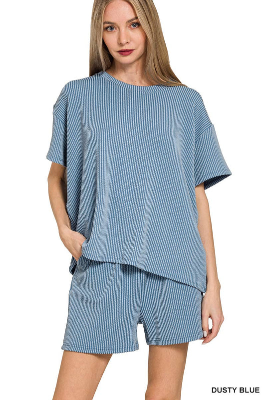 `.Corded Rib Short Sleeve Tee & Short Pants 2PC Set: DUSTY BLUE-183672 / M