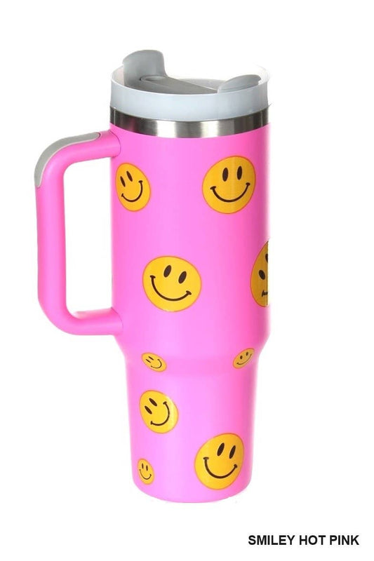 `",....40oz Stainless Steel Tumbler w/ Straw: SMILEY HOT PINK-166346 / OS
