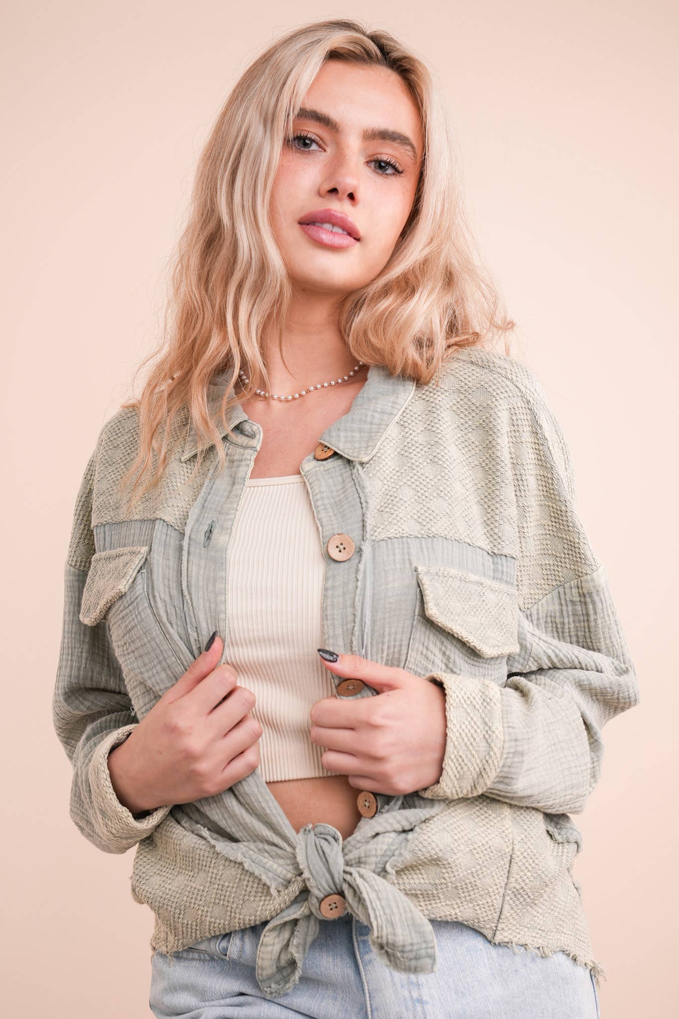 NJ90360-Mineral Washed Oversized Gauze Shacket Jacket: TAUPE / S-M-L/2-2-2