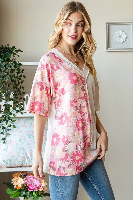 ET7547-12 SOLID AND FLORAL TOP: PEACH / 2-2-2 (S-M-L)