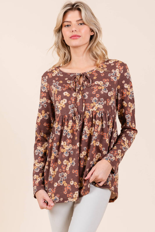 TL1971 BOHO LONG SLEEVE THERMAL TUNIC: Chocolate / Floral / S