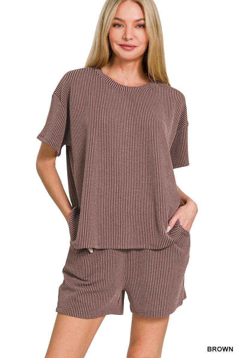`.Corded Rib Short Sleeve Tee & Short Pants 2PC Set: DUSTY BLUE-183672 / M