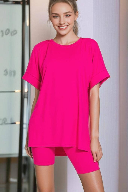`.Microfiber Top & Biker Shorts 2 Pc Set: CORAL-184059 / S
