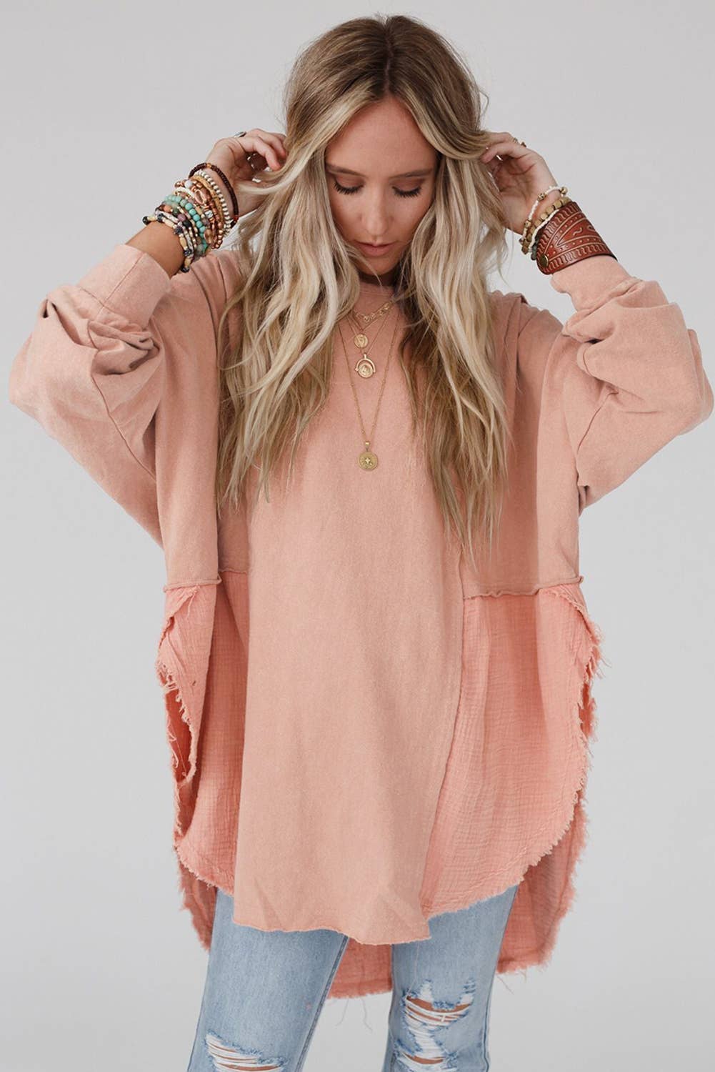 Crinkle Splicing Raw Hem High Low Oversized Blouse: Orange / 80%Polyester+20%Cotton / L