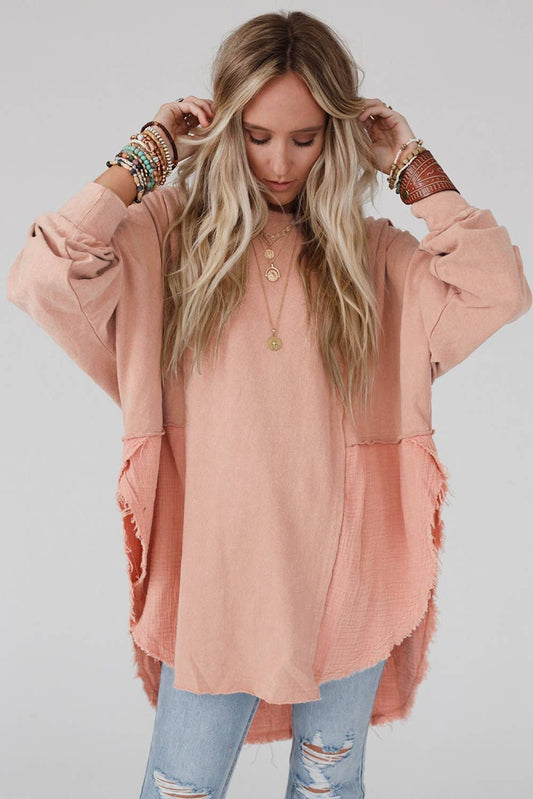 Crinkle Splicing Raw Hem High Low Oversized Blouse: Orange / 80%Polyester+20%Cotton / S