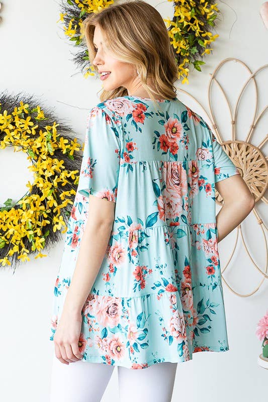ET7279-10  FLORAL TIERED TOP: MINT / 2-2-2 (1X-2X-3X)
