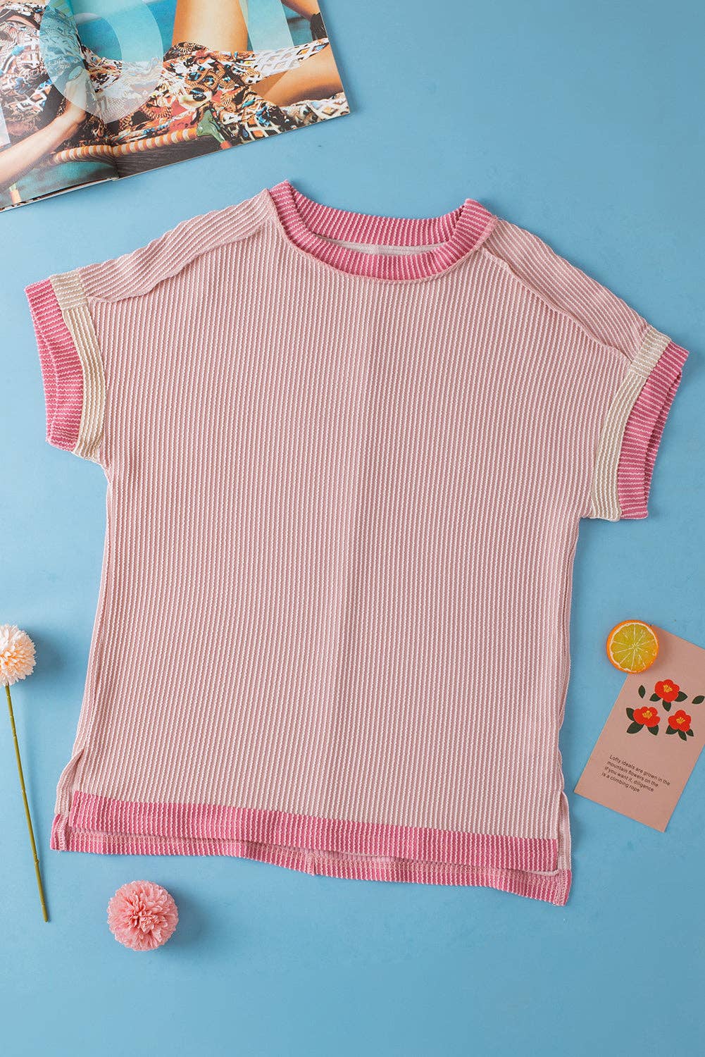 Textured Contrast Trim Round Neck T Shirt: Bright Pink / 75%Polyester+20%Viscose+5%Elastane / L