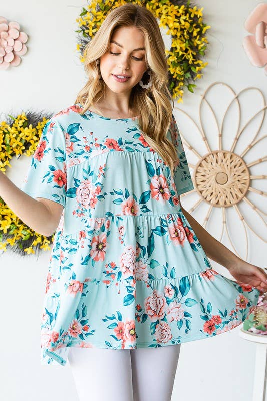 ET7279-10  FLORAL TIERED TOP: MINT / 2-2-2 (1X-2X-3X)