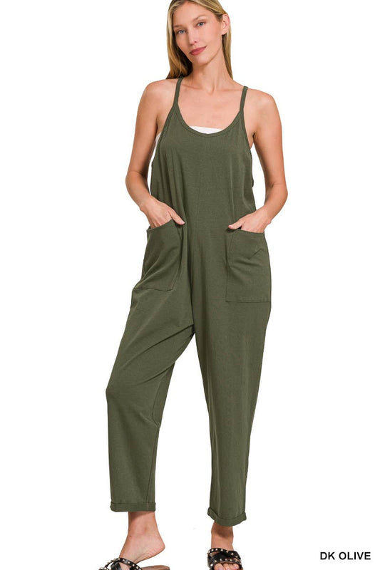 `.Spaghetti Strap Pocketed Jumpsuit: DK OLIVE-171541 / L/XL