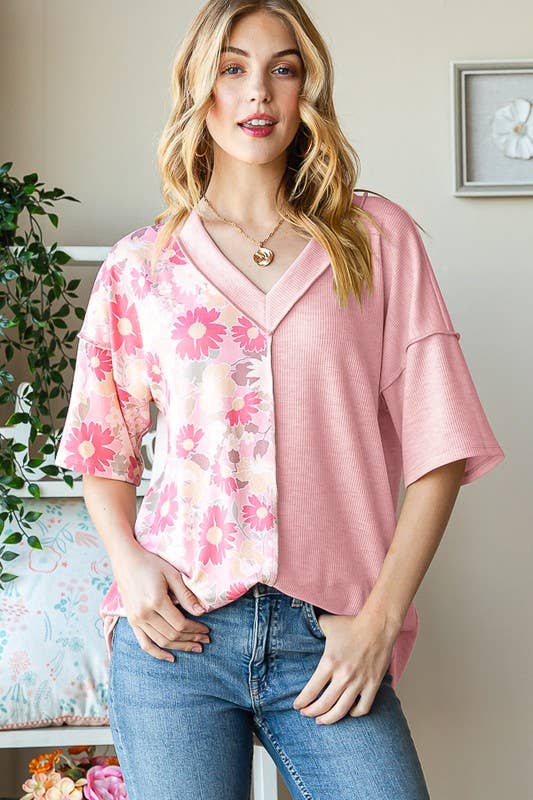 ET7547-12 SOLID AND FLORAL TOP: PEACH / 2-2-2 (1X-2X-3X)