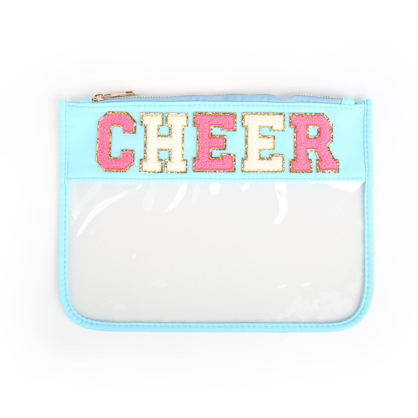 Varsity Letter Patch Clear Zippered Pouch Bag: Pink with STUFF