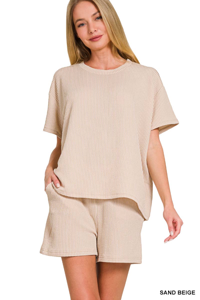 `.Corded Rib Short Sleeve Tee & Short Pants 2PC Set: DUSTY BLUE-183672 / M