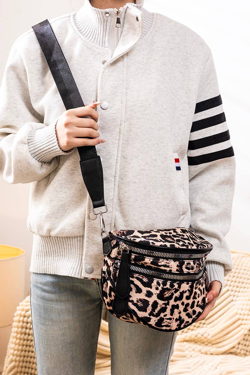 SI-27928 Double Zip Crescent Sling Bum Bag: BEIGE CHECKERED-182324 / OS